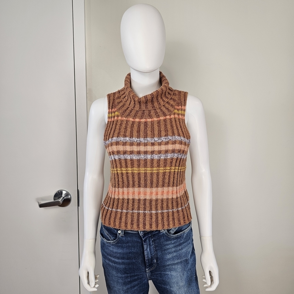 Free People Edith Sweater Vest Brown Striped Turtle Neck Sleeveless Top Sz M